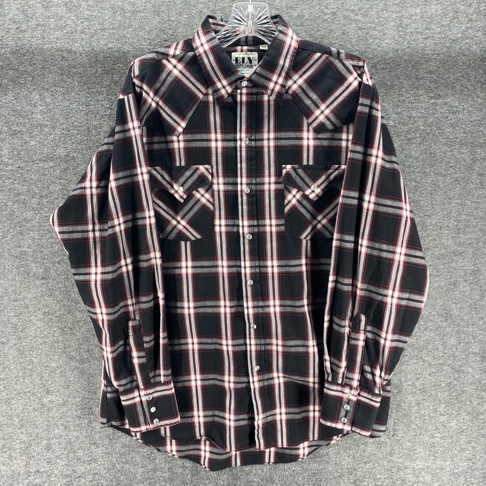 Ely Cattleman Western Shirt Mens Large Black Red Plaid Pearl Snap Long Sleeve